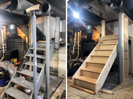 The old stairs and the new stairs being installed with new landing