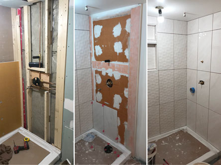 Installation of shower pan and valve, tile with niche and shower doors